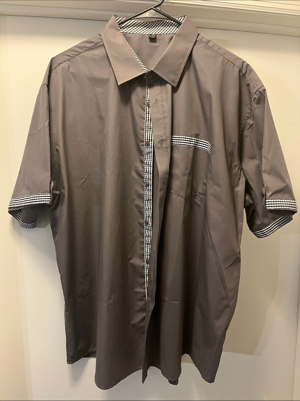 Men's Short-Sleeve Dress Shirt with Gingham Trim - Brown